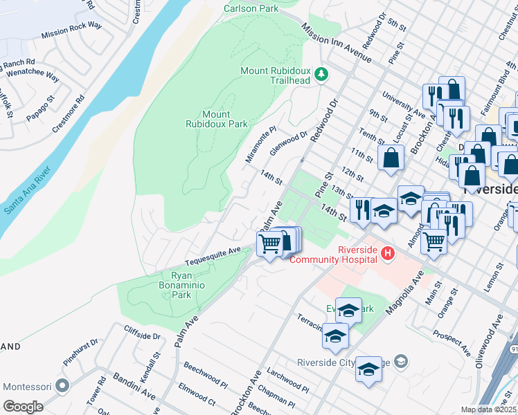 map of restaurants, bars, coffee shops, grocery stores, and more near 4500 Glenwood Drive in Riverside