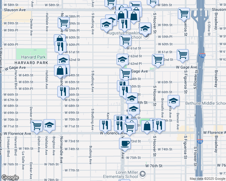map of restaurants, bars, coffee shops, grocery stores, and more near 1032 West 65th Place in Los Angeles