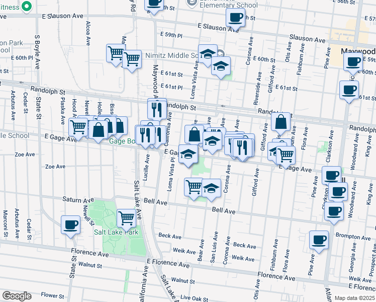 map of restaurants, bars, coffee shops, grocery stores, and more near 3633 Gage Avenue in Bell