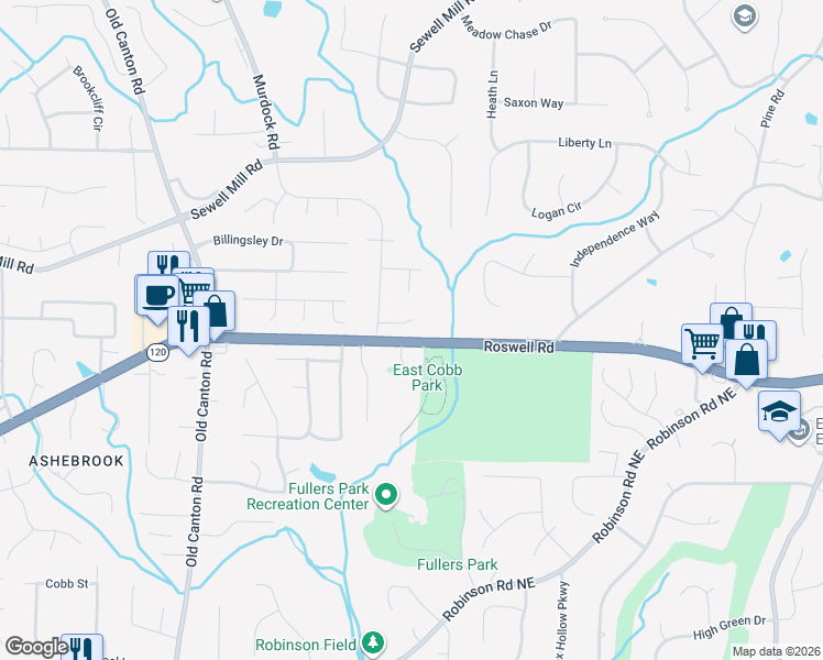 map of restaurants, bars, coffee shops, grocery stores, and more near 3376 Preakness Court in Marietta