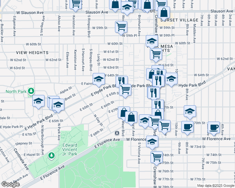 map of restaurants, bars, coffee shops, grocery stores, and more near 1144 East 65th Street in Inglewood