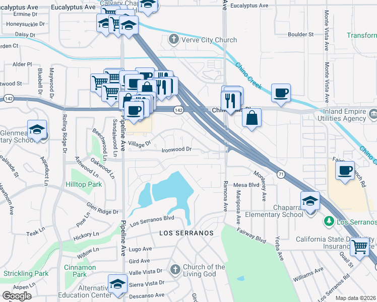 map of restaurants, bars, coffee shops, grocery stores, and more near 4355 Ironwood Drive in Chino Hills