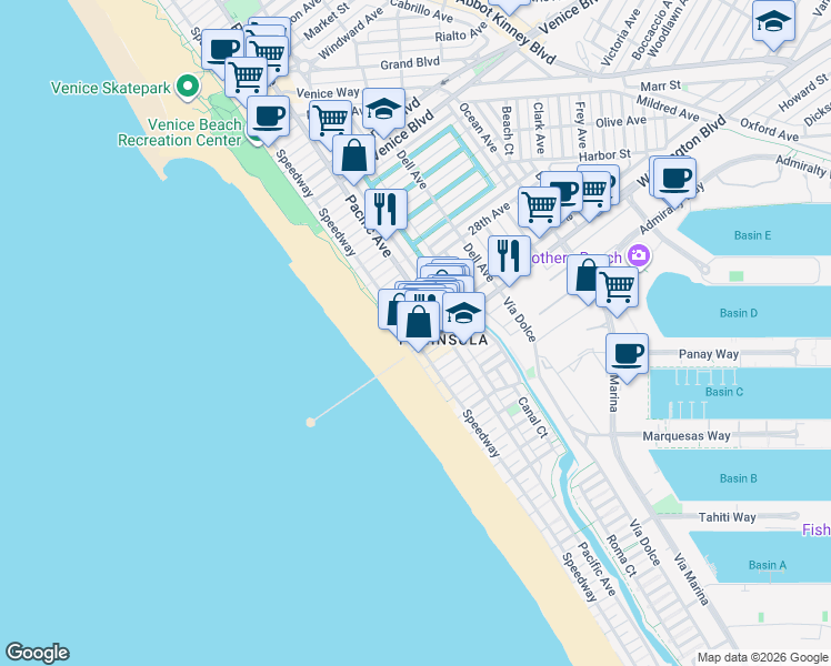 map of restaurants, bars, coffee shops, grocery stores, and more near 15 30th Place in Los Angeles
