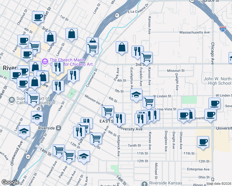 map of restaurants, bars, coffee shops, grocery stores, and more near 2676 5th Street in Riverside