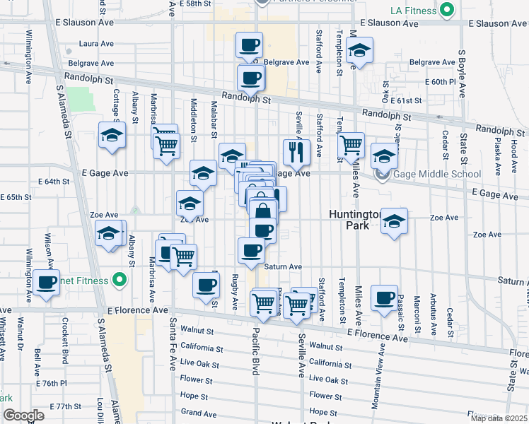 map of restaurants, bars, coffee shops, grocery stores, and more near 6515 Pacific Boulevard in Huntington Park