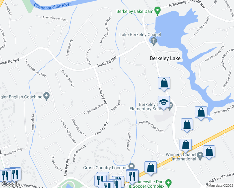 map of restaurants, bars, coffee shops, grocery stores, and more near 4631 Bentley Place in Duluth