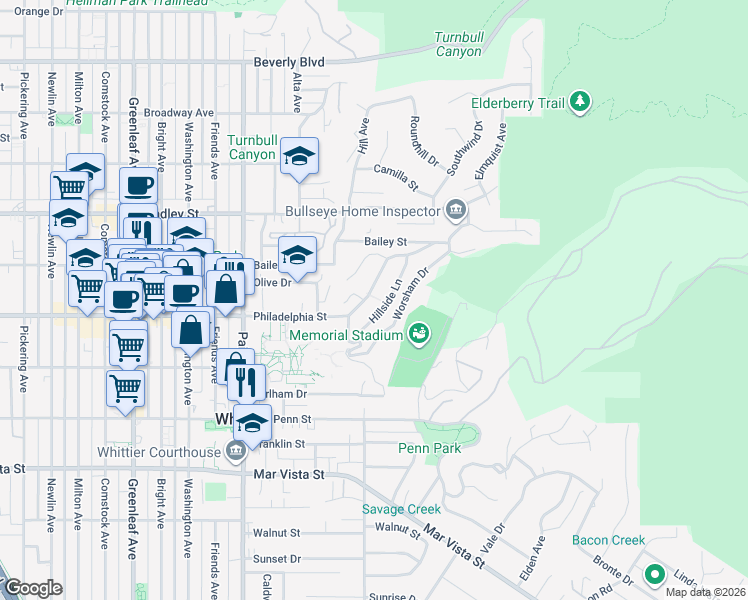 map of restaurants, bars, coffee shops, grocery stores, and more near 13722 Philadelphia Street in Whittier
