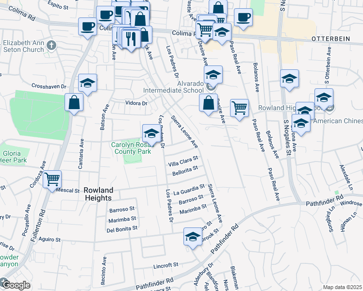 map of restaurants, bars, coffee shops, grocery stores, and more near 18626 Galatina Street in Rowland Heights
