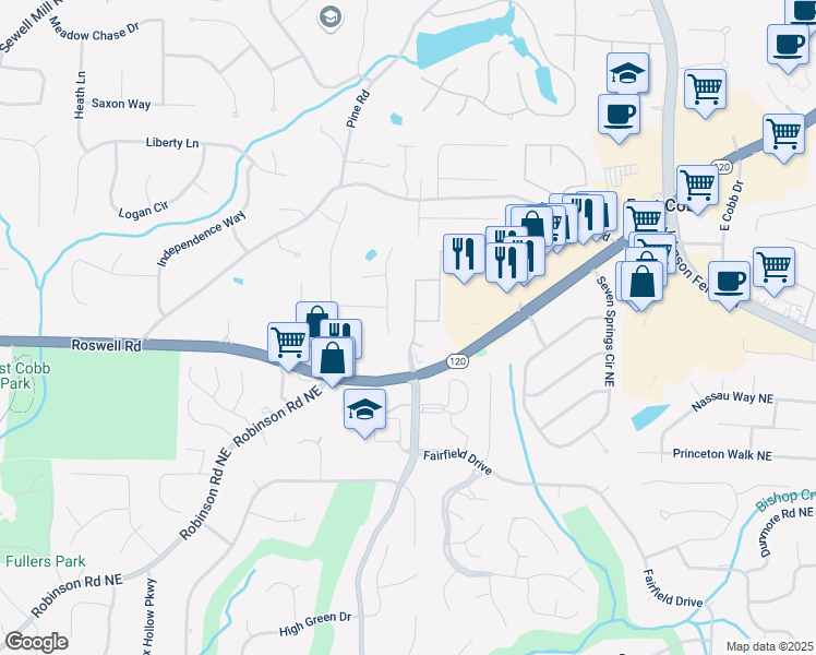 map of restaurants, bars, coffee shops, grocery stores, and more near 1217 Indian Hills Parkway Northeast in Marietta