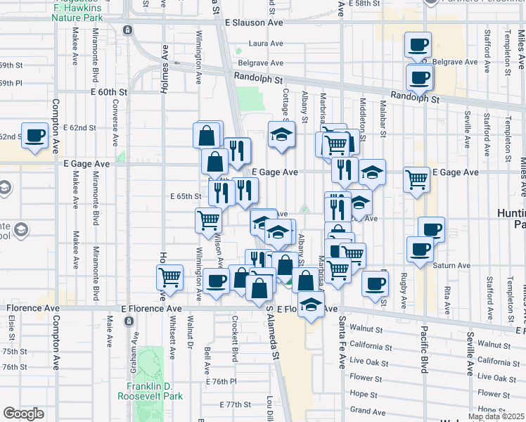map of restaurants, bars, coffee shops, grocery stores, and more near 6541 Regent Street in Huntington Park
