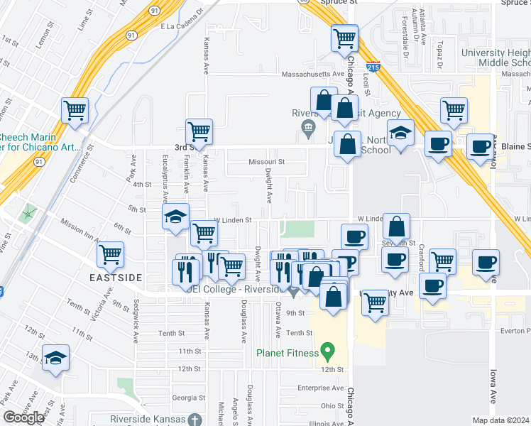 map of restaurants, bars, coffee shops, grocery stores, and more near 1935 West Linden Street in Riverside