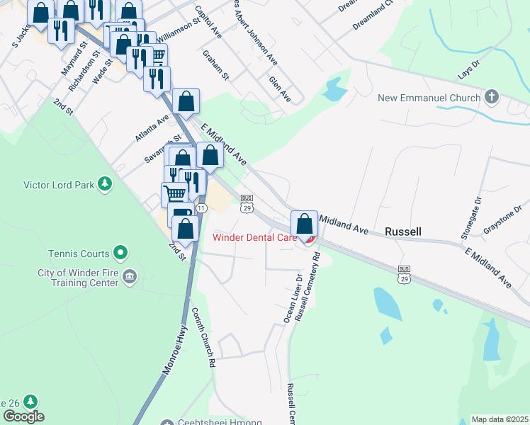 map of restaurants, bars, coffee shops, grocery stores, and more near 302 Atlanta Highway Southeast in Winder