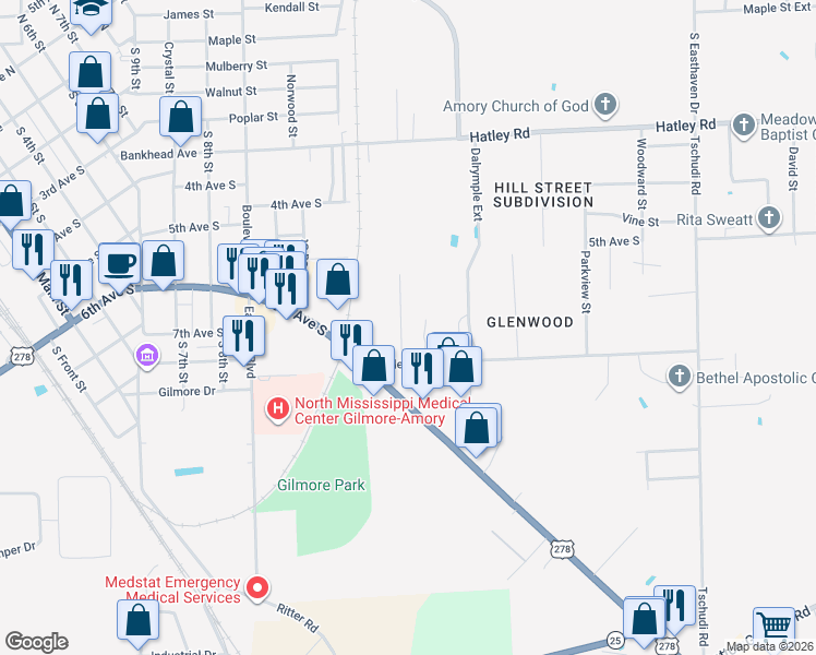 map of restaurants, bars, coffee shops, grocery stores, and more near 603 Burdine Street in Amory