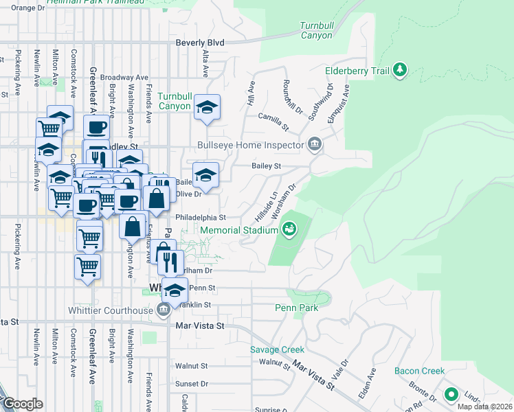map of restaurants, bars, coffee shops, grocery stores, and more near 13722 Philadelphia Street in Whittier