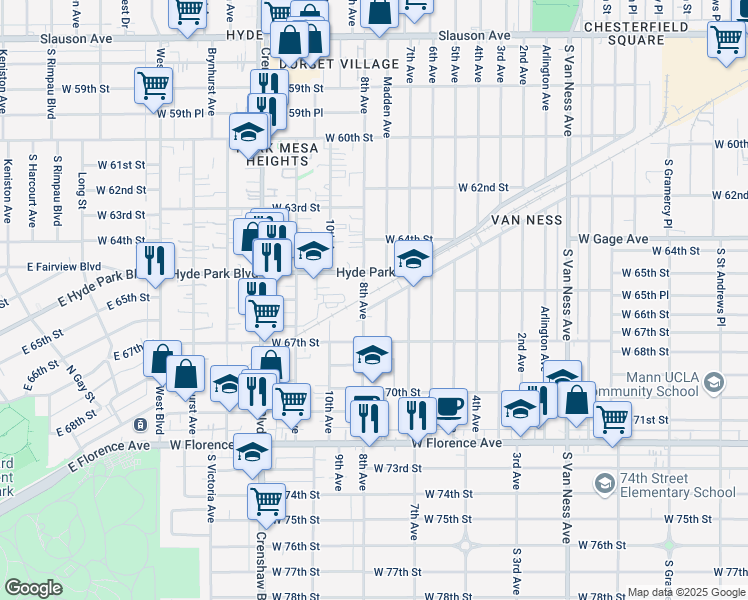 map of restaurants, bars, coffee shops, grocery stores, and more near 3015 Southwest Drive in Los Angeles