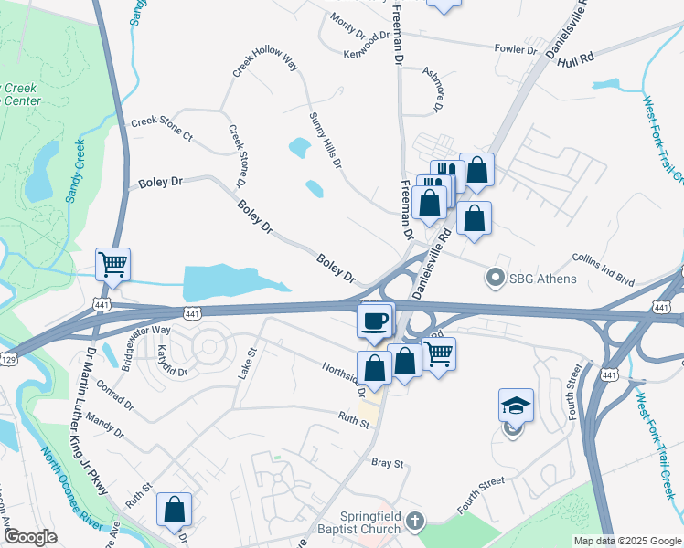 map of restaurants, bars, coffee shops, grocery stores, and more near 200-308 Boley Drive in Athens