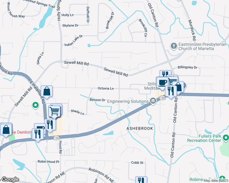 map of restaurants, bars, coffee shops, grocery stores, and more near 1211 Robert Lane in Marietta