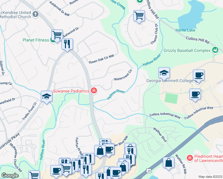 map of restaurants, bars, coffee shops, grocery stores, and more near 1425 Watercrest Circle in Lawrenceville
