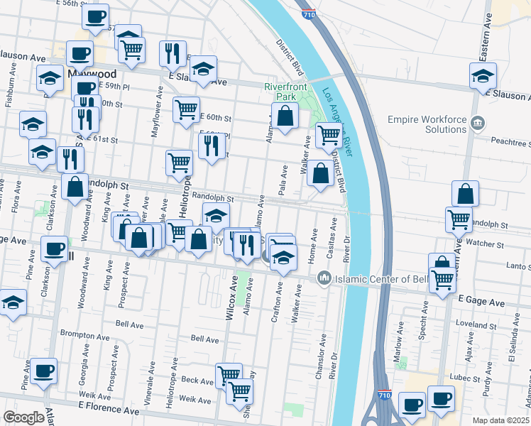 map of restaurants, bars, coffee shops, grocery stores, and more near 6212 Alamo Avenue in Bell