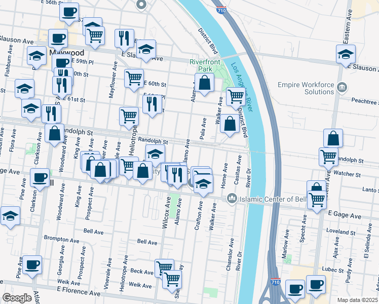 map of restaurants, bars, coffee shops, grocery stores, and more near 6212 Alamo Avenue in Bell