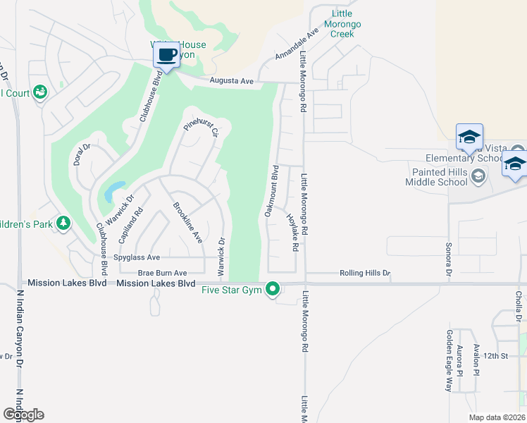 map of restaurants, bars, coffee shops, grocery stores, and more near 9555 Oakmount Boulevard in Desert Hot Springs