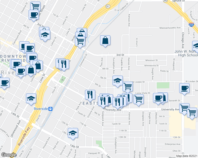 map of restaurants, bars, coffee shops, grocery stores, and more near 2526 5th Street in Riverside