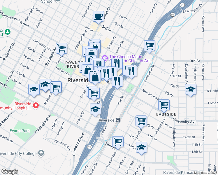 map of restaurants, bars, coffee shops, grocery stores, and more near in Riverside