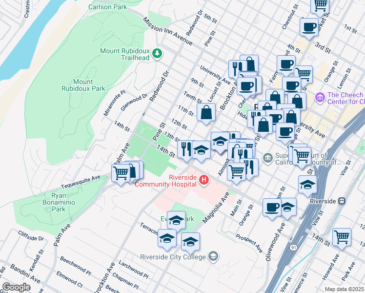 map of restaurants, bars, coffee shops, grocery stores, and more near 4211 El Dorado Street in Riverside