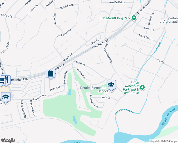 map of restaurants, bars, coffee shops, grocery stores, and more near 5880 Sandoval Avenue in Riverside