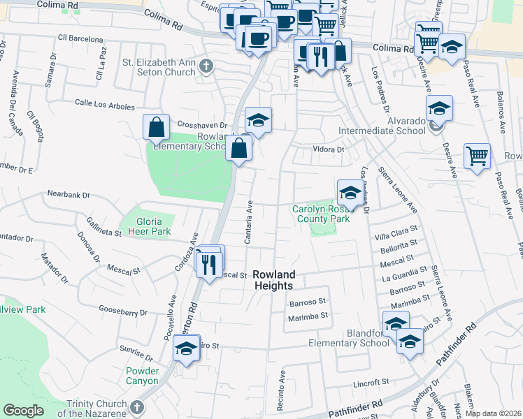 map of restaurants, bars, coffee shops, grocery stores, and more near 2209 Felicia Avenue in Rowland Heights