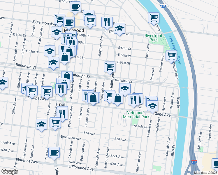 map of restaurants, bars, coffee shops, grocery stores, and more near 6235 Heliotrope Avenue in Bell