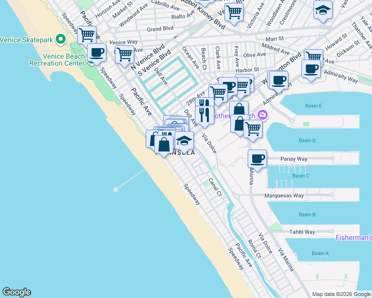 map of restaurants, bars, coffee shops, grocery stores, and more near 122 East Anchorage Street in Los Angeles