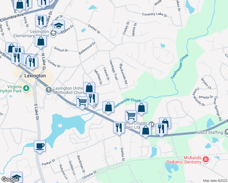 map of restaurants, bars, coffee shops, grocery stores, and more near 118 Cherry Hall Drive in Lexington