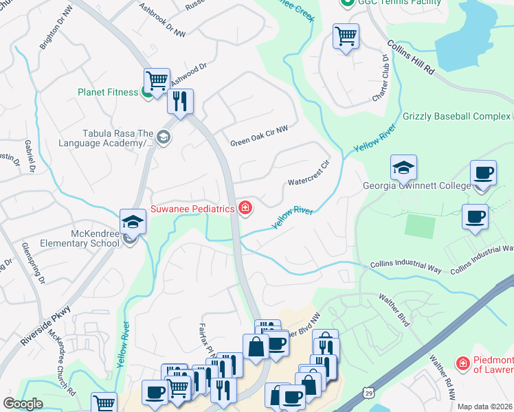 map of restaurants, bars, coffee shops, grocery stores, and more near 1335 Watercrest Circle in Lawrenceville
