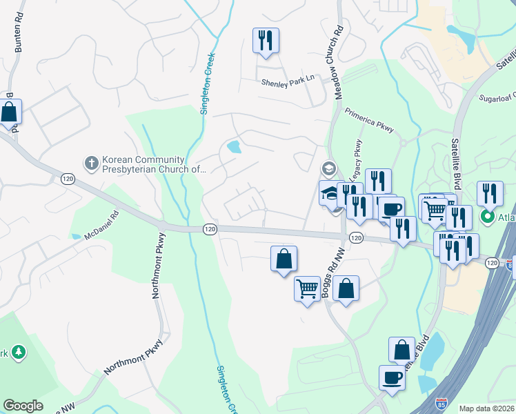 map of restaurants, bars, coffee shops, grocery stores, and more near 3301 Brookhavenrun Circle in Duluth