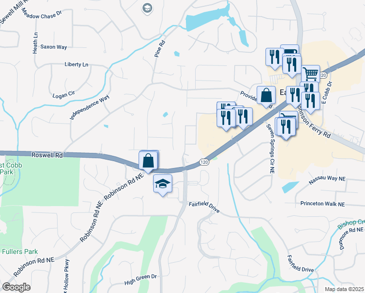 map of restaurants, bars, coffee shops, grocery stores, and more near 1217 Indian Hills Parkway Northeast in Marietta