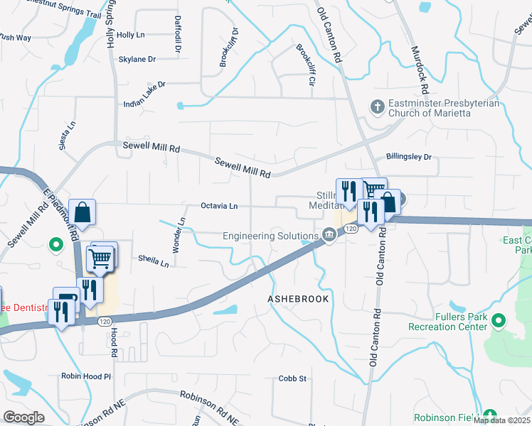 map of restaurants, bars, coffee shops, grocery stores, and more near 2856 Octavia Circle in Marietta