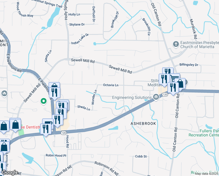 map of restaurants, bars, coffee shops, grocery stores, and more near 2756 Octavia Lane in Marietta