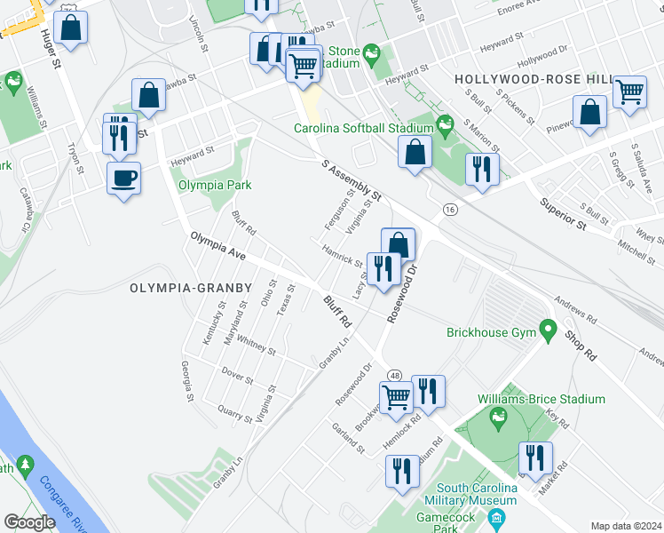 map of restaurants, bars, coffee shops, grocery stores, and more near 1128 Virginia Street in Columbia