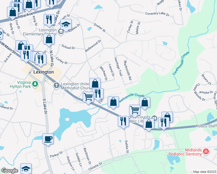 map of restaurants, bars, coffee shops, grocery stores, and more near 107 Cherry Hall Drive in Lexington