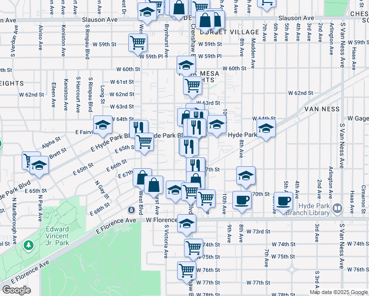 map of restaurants, bars, coffee shops, grocery stores, and more near 6527 South Crenshaw Boulevard in Los Angeles