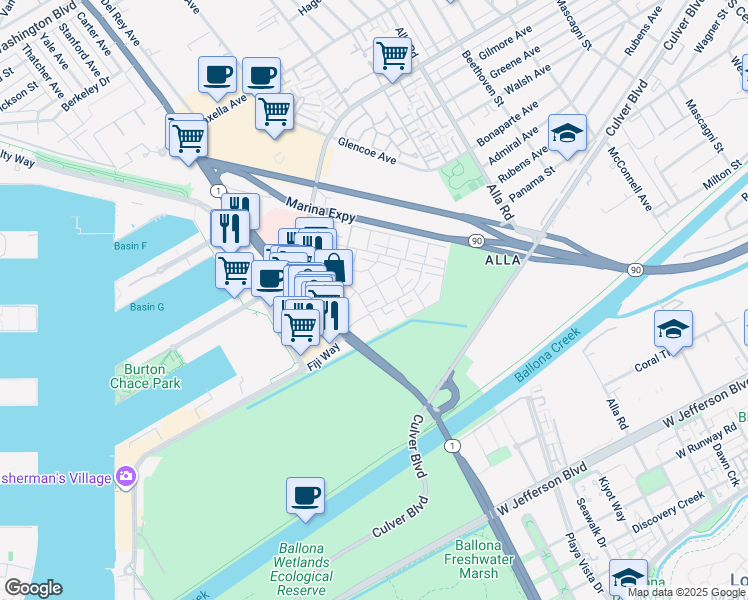map of restaurants, bars, coffee shops, grocery stores, and more near 13245 Fiji Way in Marina del Rey