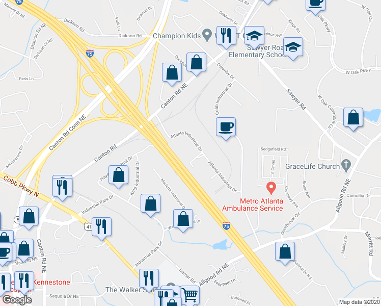 map of restaurants, bars, coffee shops, grocery stores, and more near 1141 Atlanta Industrial Drive in Marietta