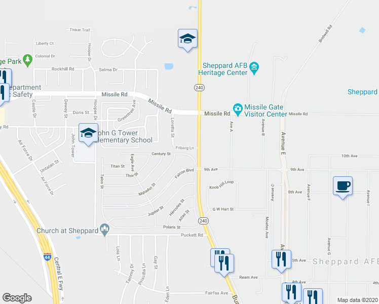 map of restaurants, bars, coffee shops, grocery stores, and more near 125 Century Street in Sheppard Air Force Base