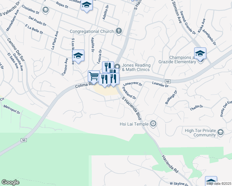 map of restaurants, bars, coffee shops, grocery stores, and more near 3205 South Hacienda Boulevard in Hacienda Heights