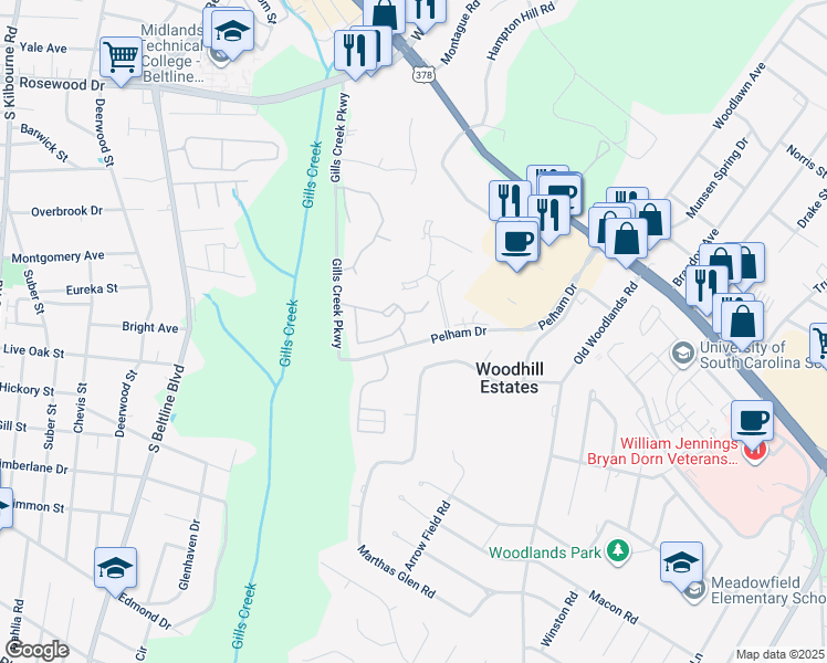 map of restaurants, bars, coffee shops, grocery stores, and more near 501 Pelham Drive in Columbia