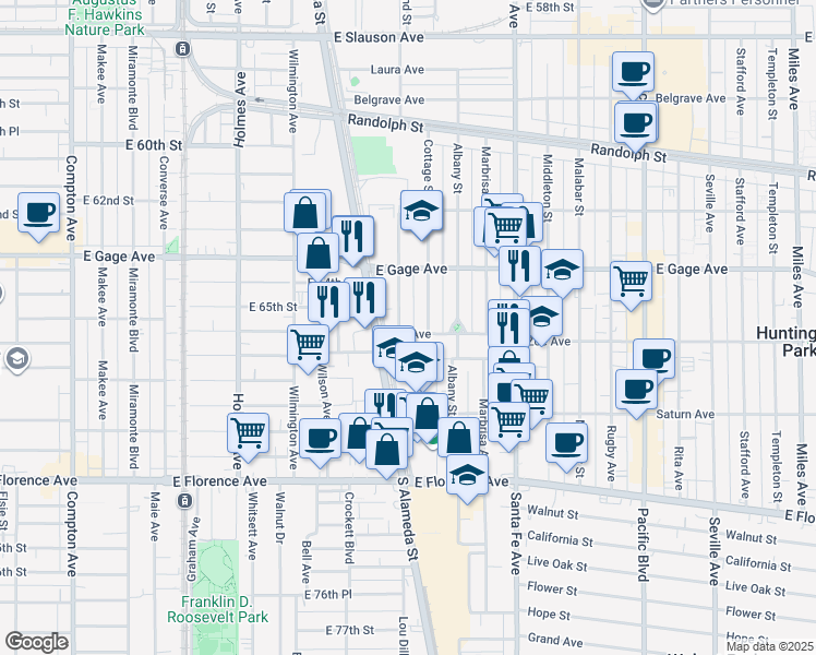 map of restaurants, bars, coffee shops, grocery stores, and more near 2109 Zoe Avenue in Huntington Park