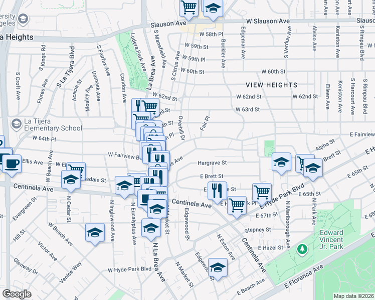 map of restaurants, bars, coffee shops, grocery stores, and more near 326 East Ellis Avenue in Inglewood