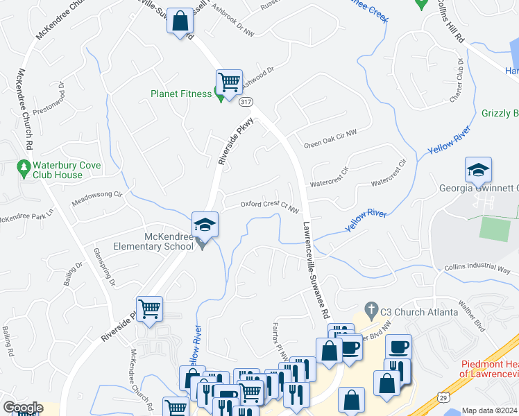 map of restaurants, bars, coffee shops, grocery stores, and more near 590 Oxford Crest Court Northwest in Lawrenceville