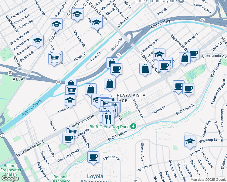 map of restaurants, bars, coffee shops, grocery stores, and more near 12622 Beatrice Street in Los Angeles